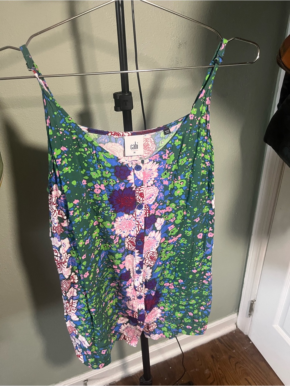 CAbi Green Floral Button-Front Camisole with Pink & Blue Accents